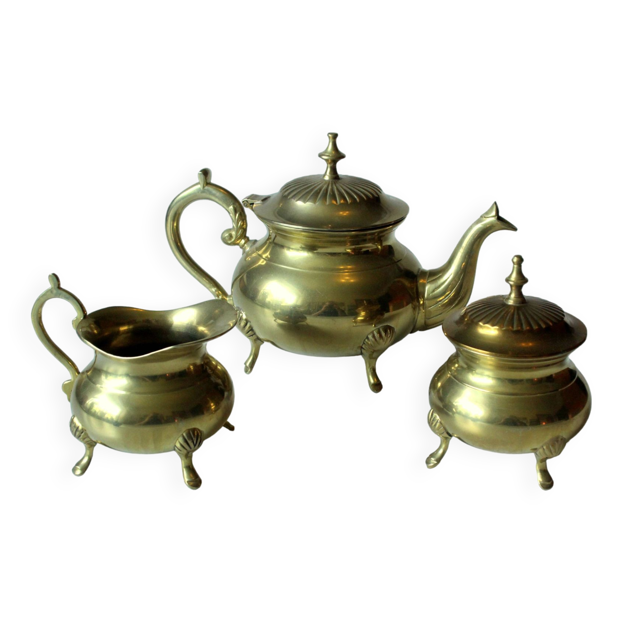 Metal teapot gold plated, inside silver plated, with milk pot and sugar bowl as a set, vintage