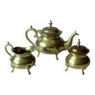 Metal teapot gold plated, inside silver plated, with milk pot and sugar bowl as a set, vintage