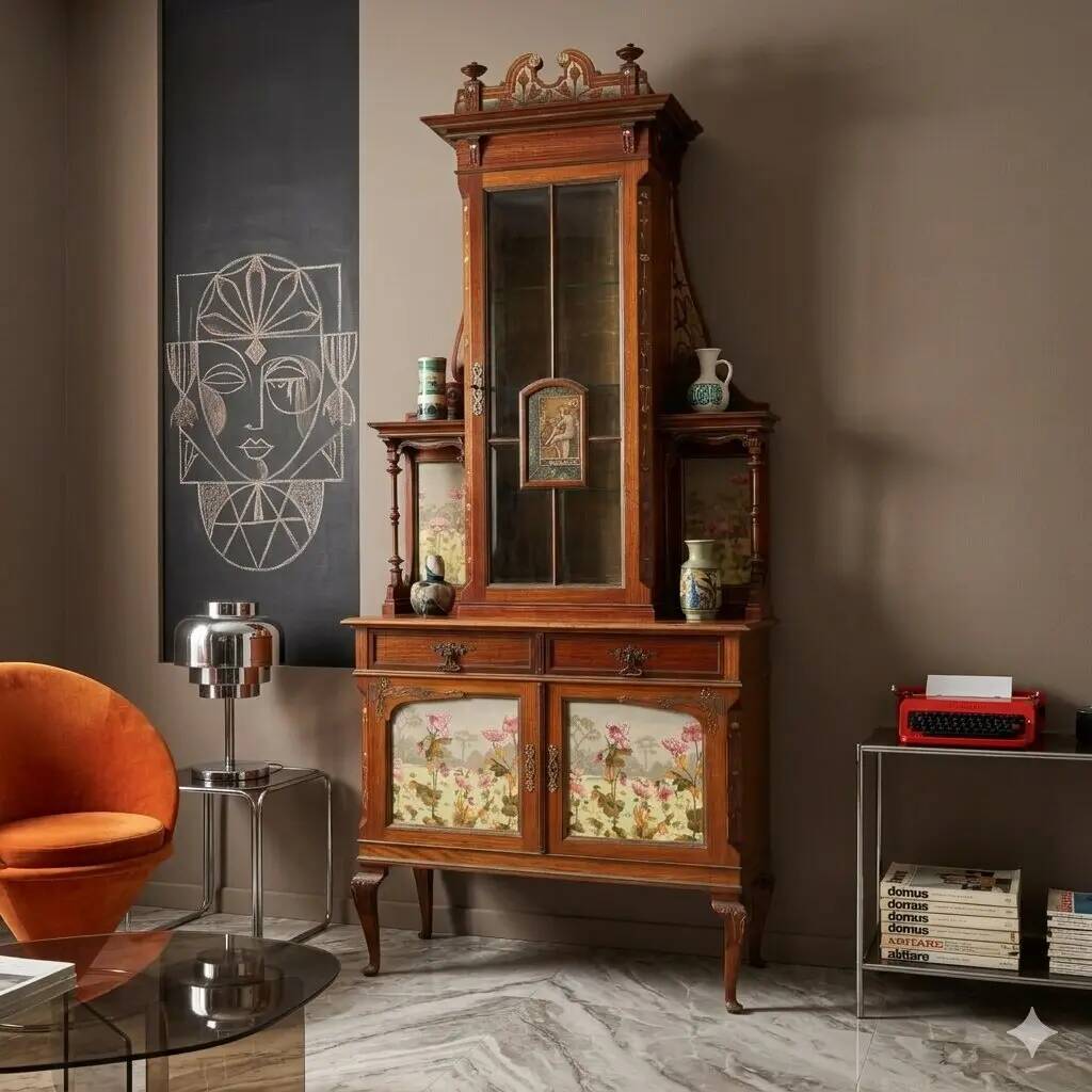 Antique Art Nouveau display cabinet in mahogany, Italy, 19th century.