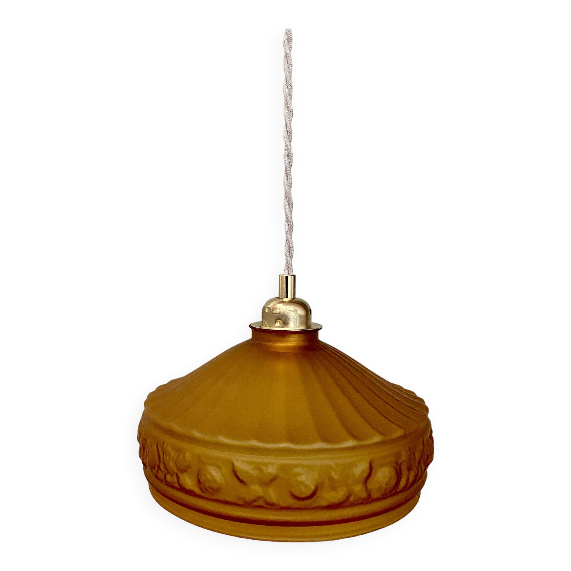 Pendant light with old art deco lampshade in yellow glass