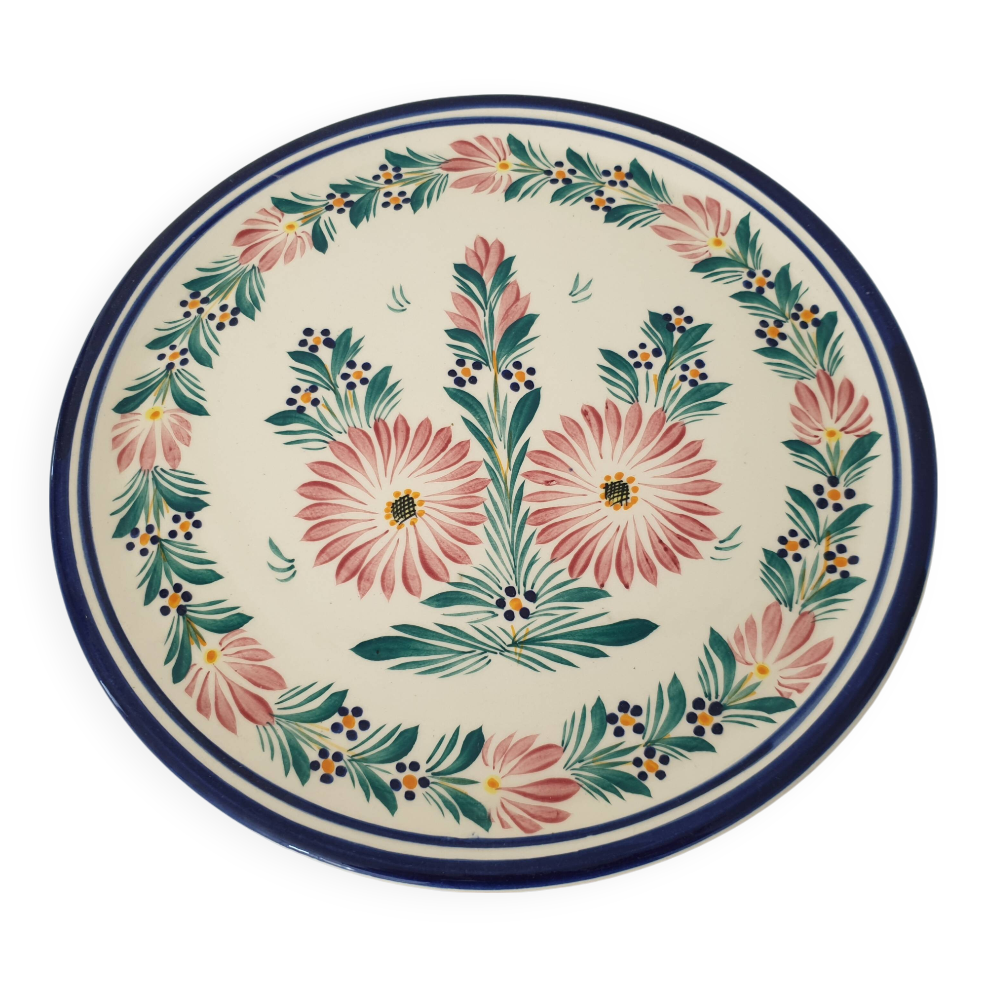 Plat à gâteau en céramique décor floral - signé HB de Quimper diamètre 32cm