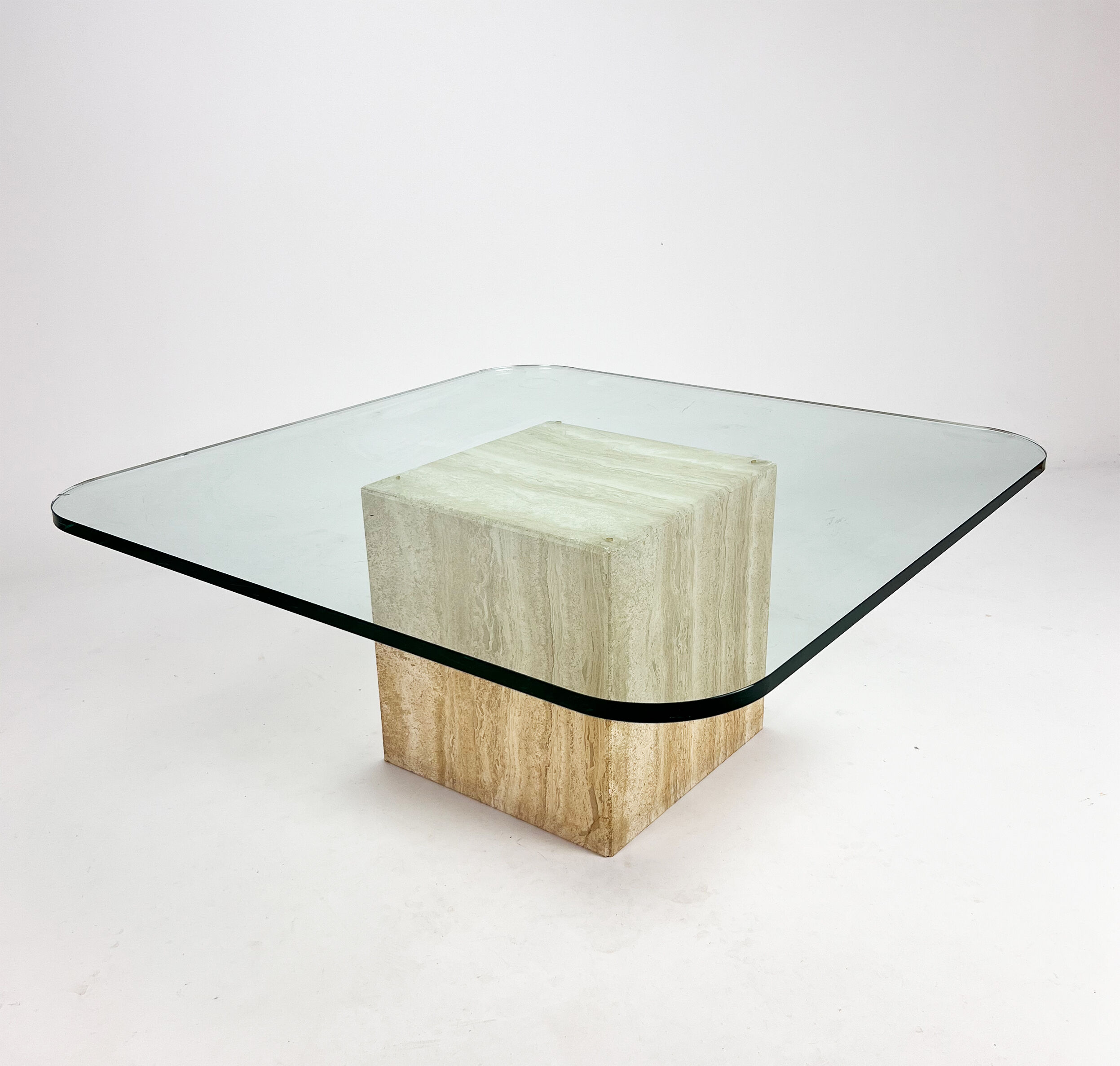 Mid century handmade glass coffee table with travertine base, 1960s