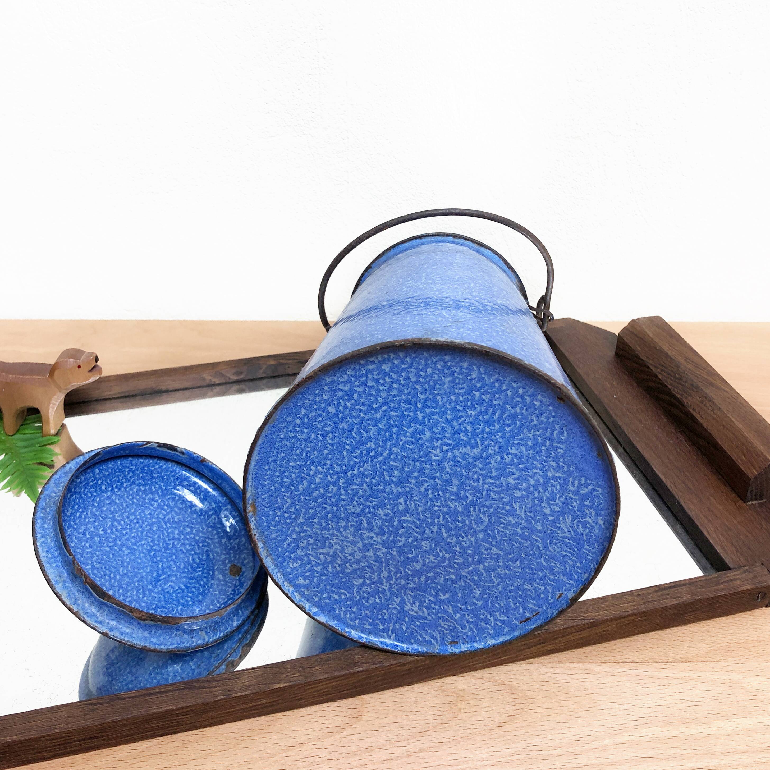 Blue enamelled milk pot