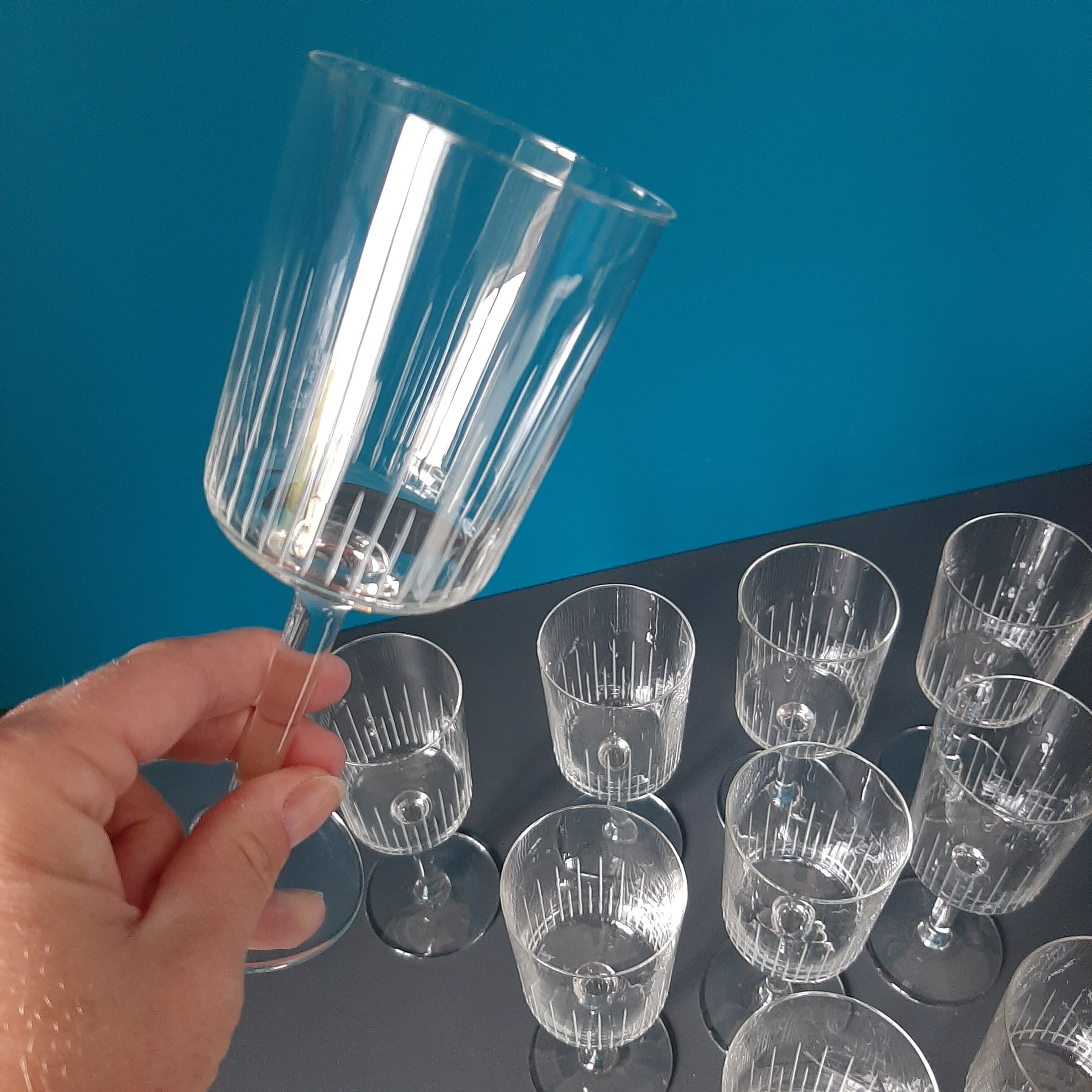 10 vintage engraved crystal walking glasses