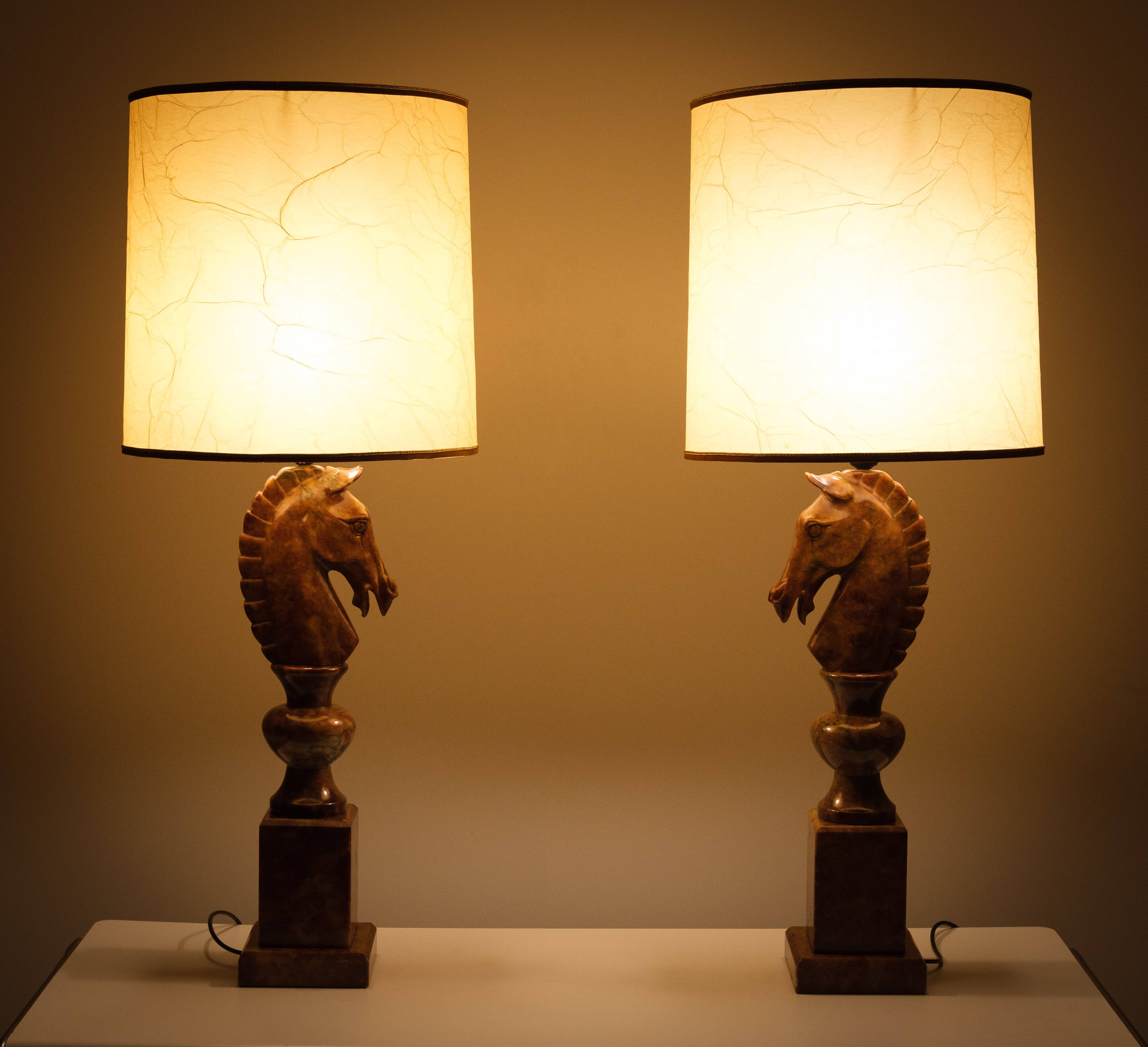 Large Horse Head Chess Knights Lamp in Carved Alabaster, taly, 1960s, Set of 2