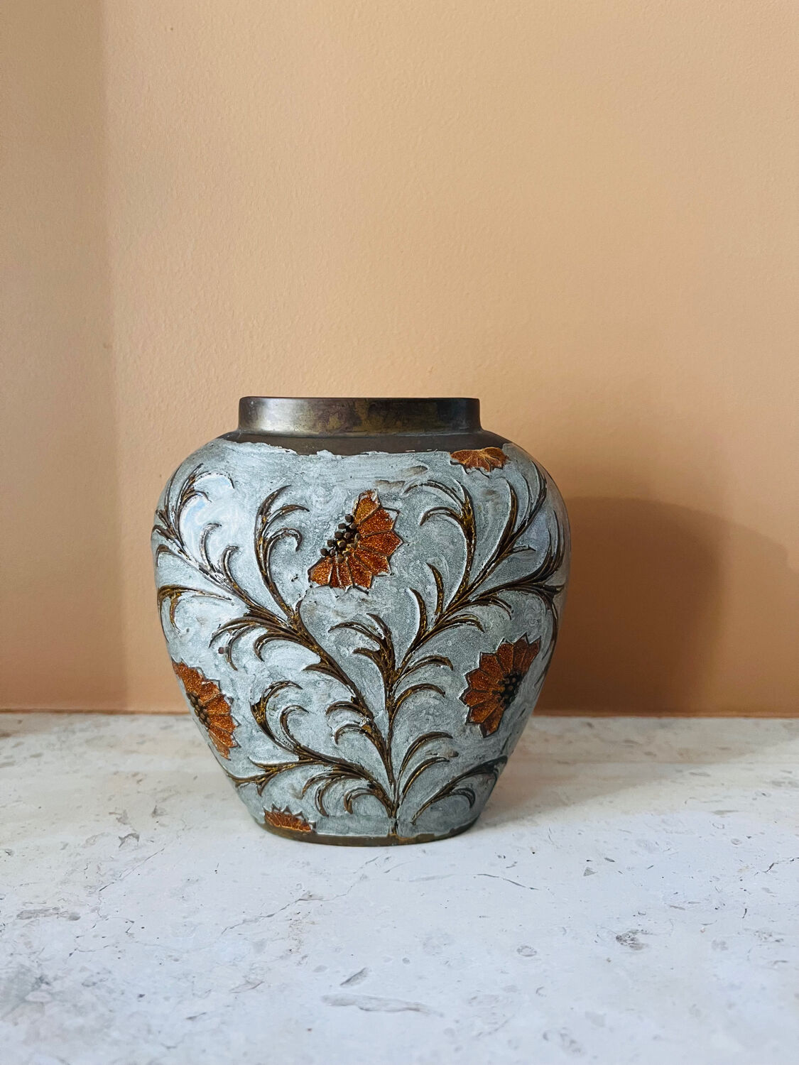 Vintage enamelled brass vase