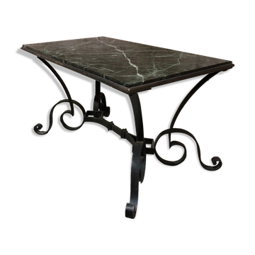 Table basse de Robert Merceris en fer forgé et marbre années 1940