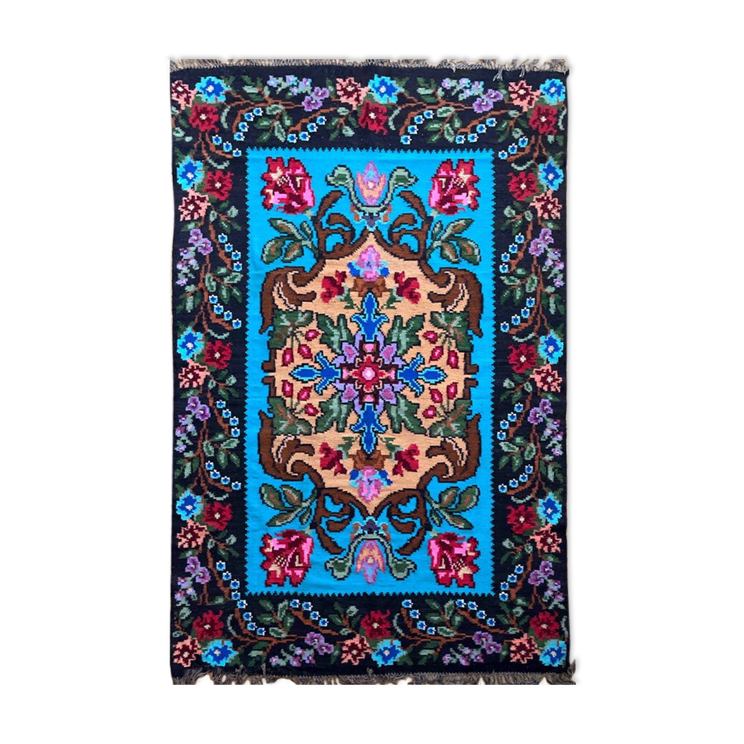 Vintage blue Moldavian rug with beautiful flowers, authentic Romanian handwoven rug 240x153cm