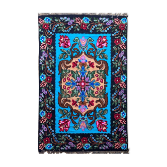 Vintage blue Moldavian rug with beautiful flowers, authentic Romanian handwoven rug 240x153cm