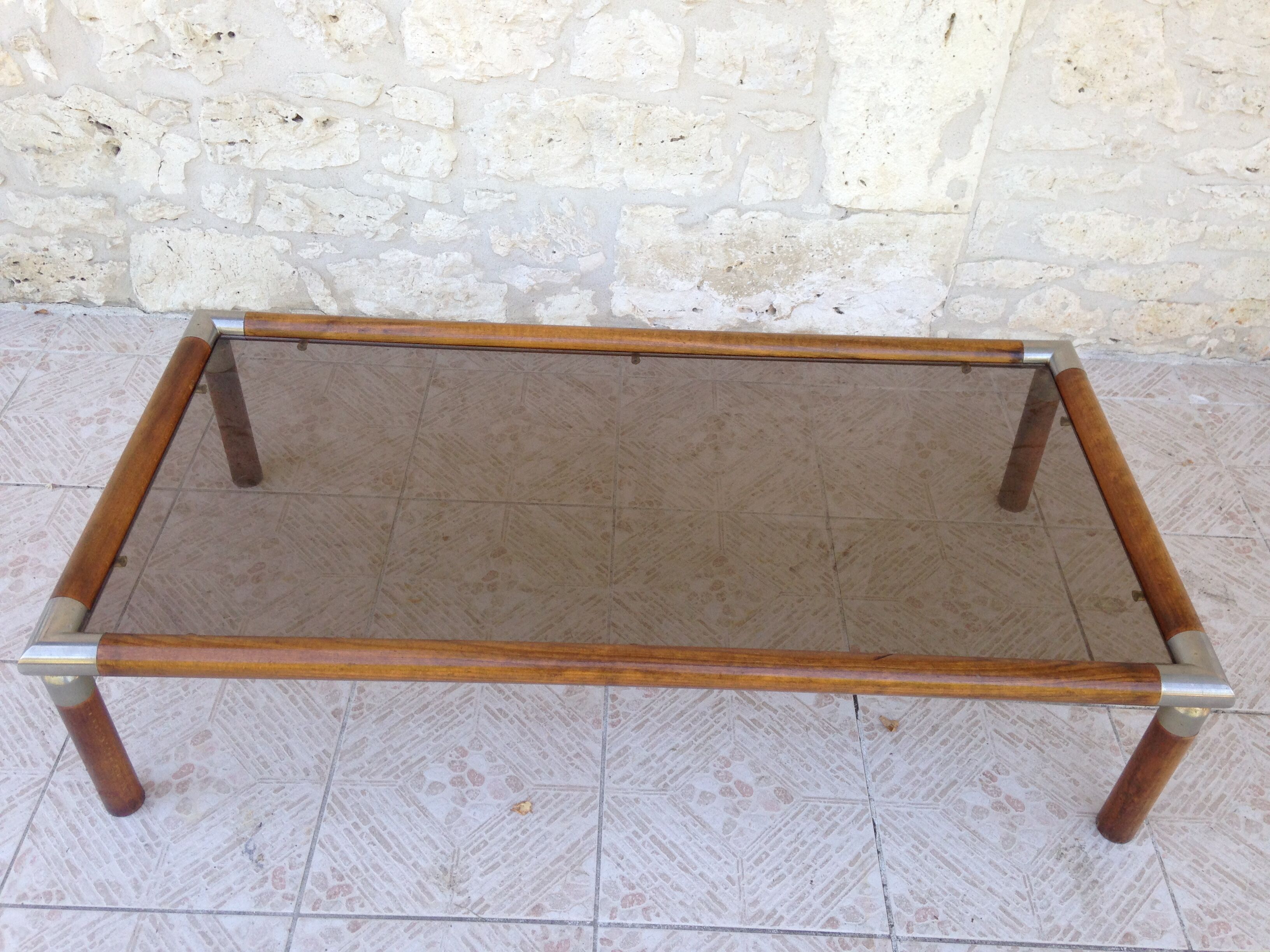 Table design bass, vintage, 70s wood and smoked glass