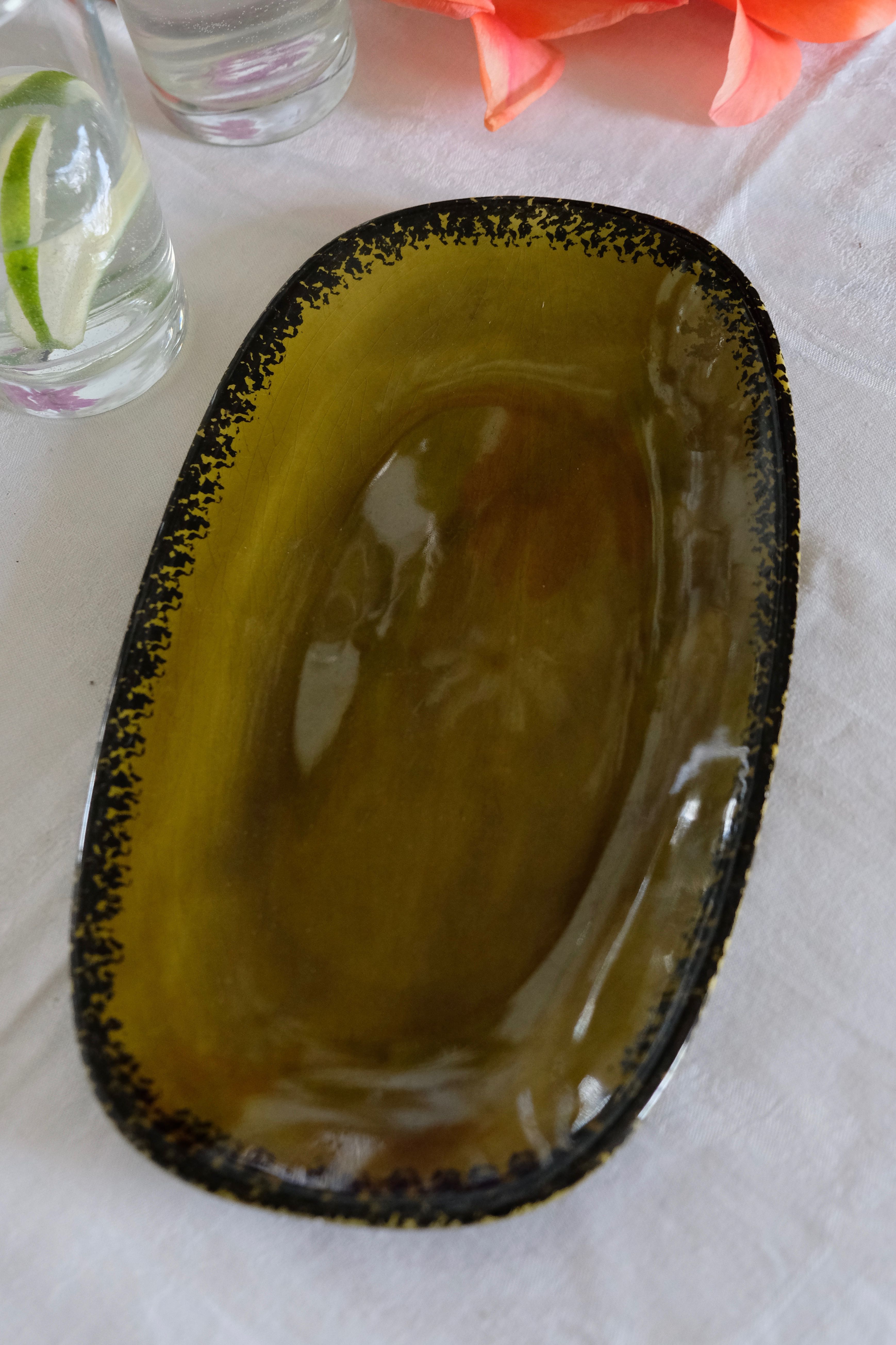 Old olive green oval serving dish Gien France