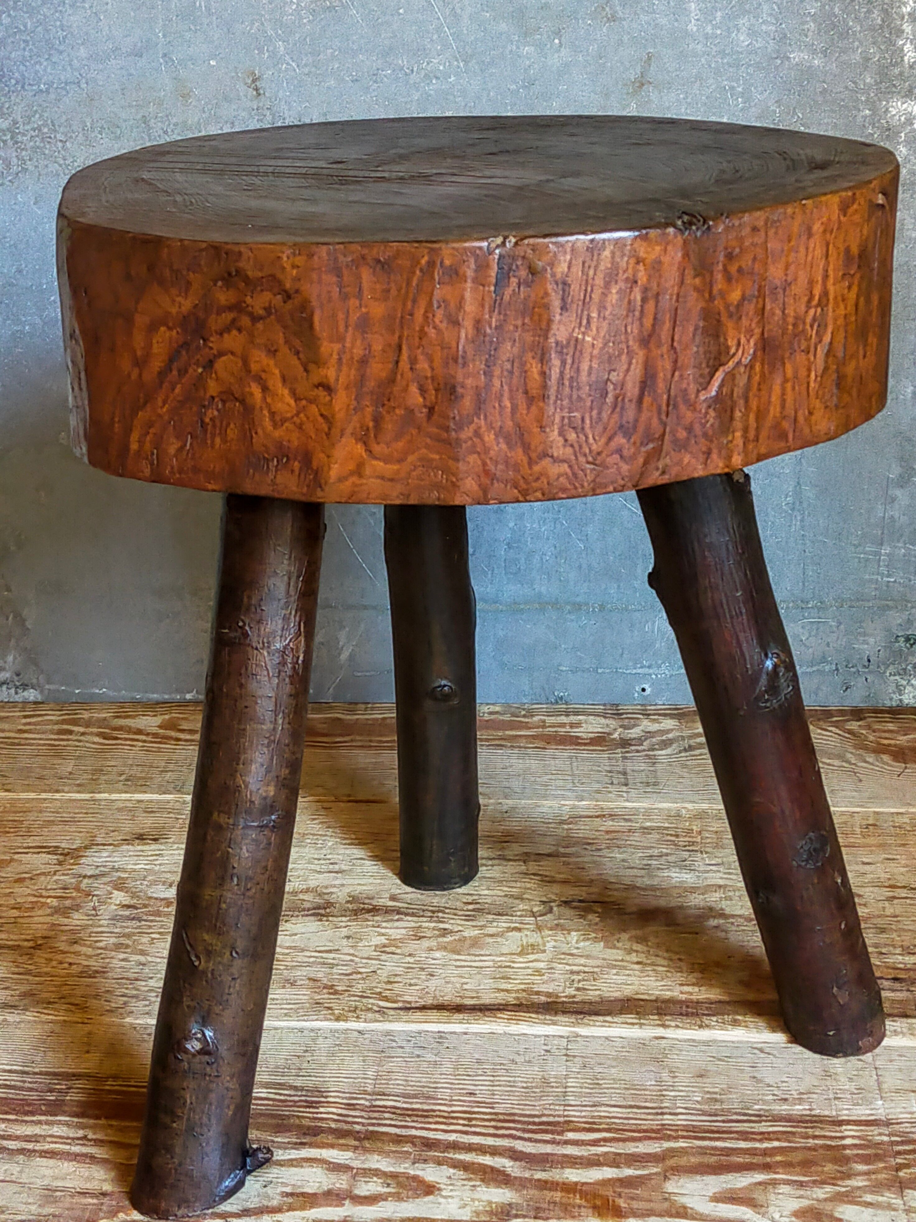 Brutalist tripod stool vintage folk art