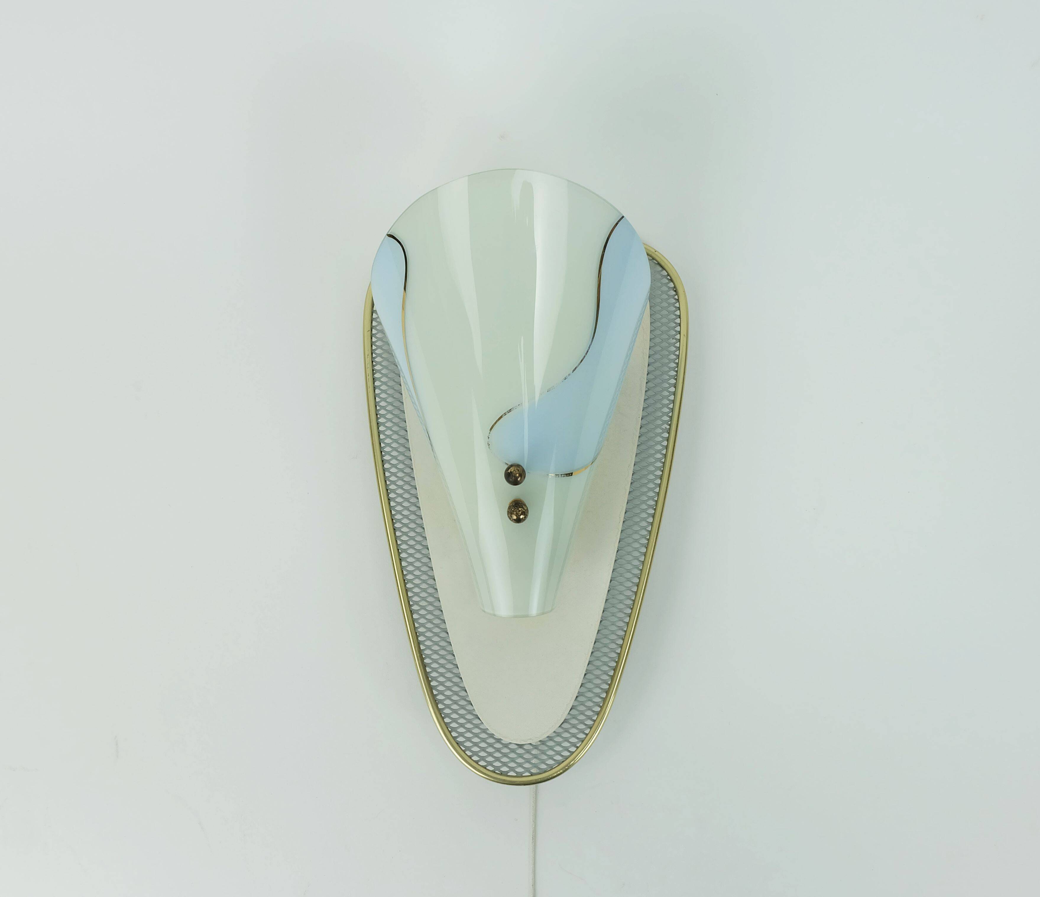 1950s sconce metal mesh and brass with glass shade