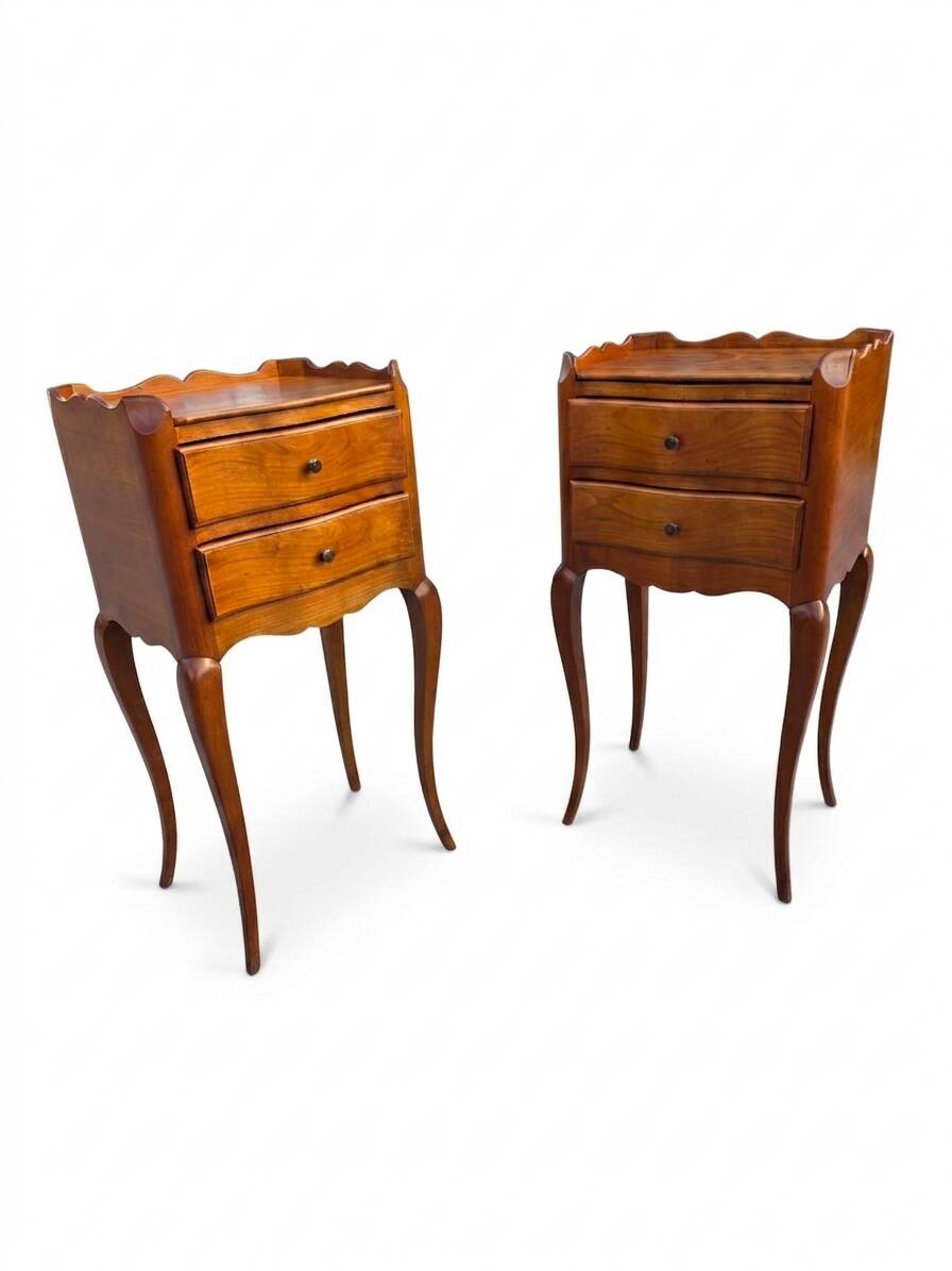 Pair of Louis XV style bedside tables in solid cherry wood.
