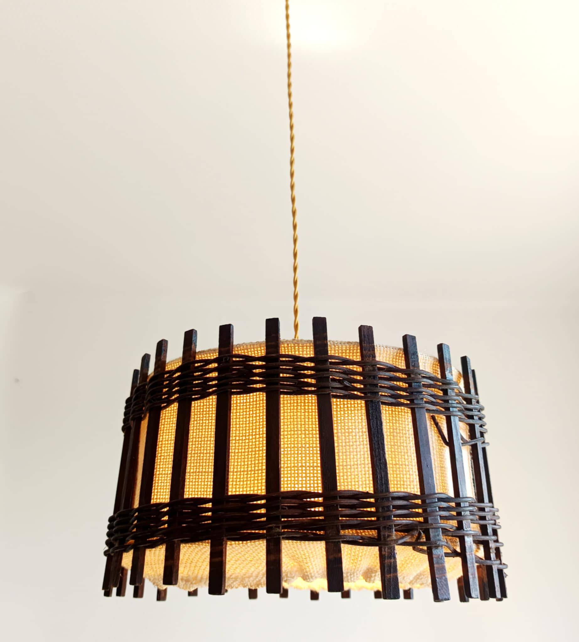 Wood and burlap pendant light, 1970