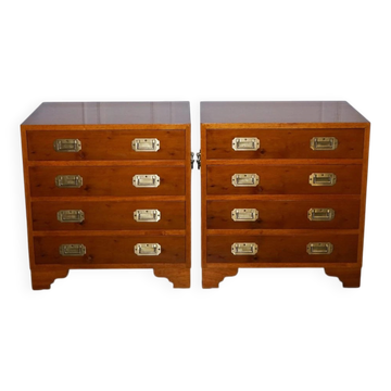 Commode à Tiroirs Vintage Military Campaign en Bois d'If, Set de 2