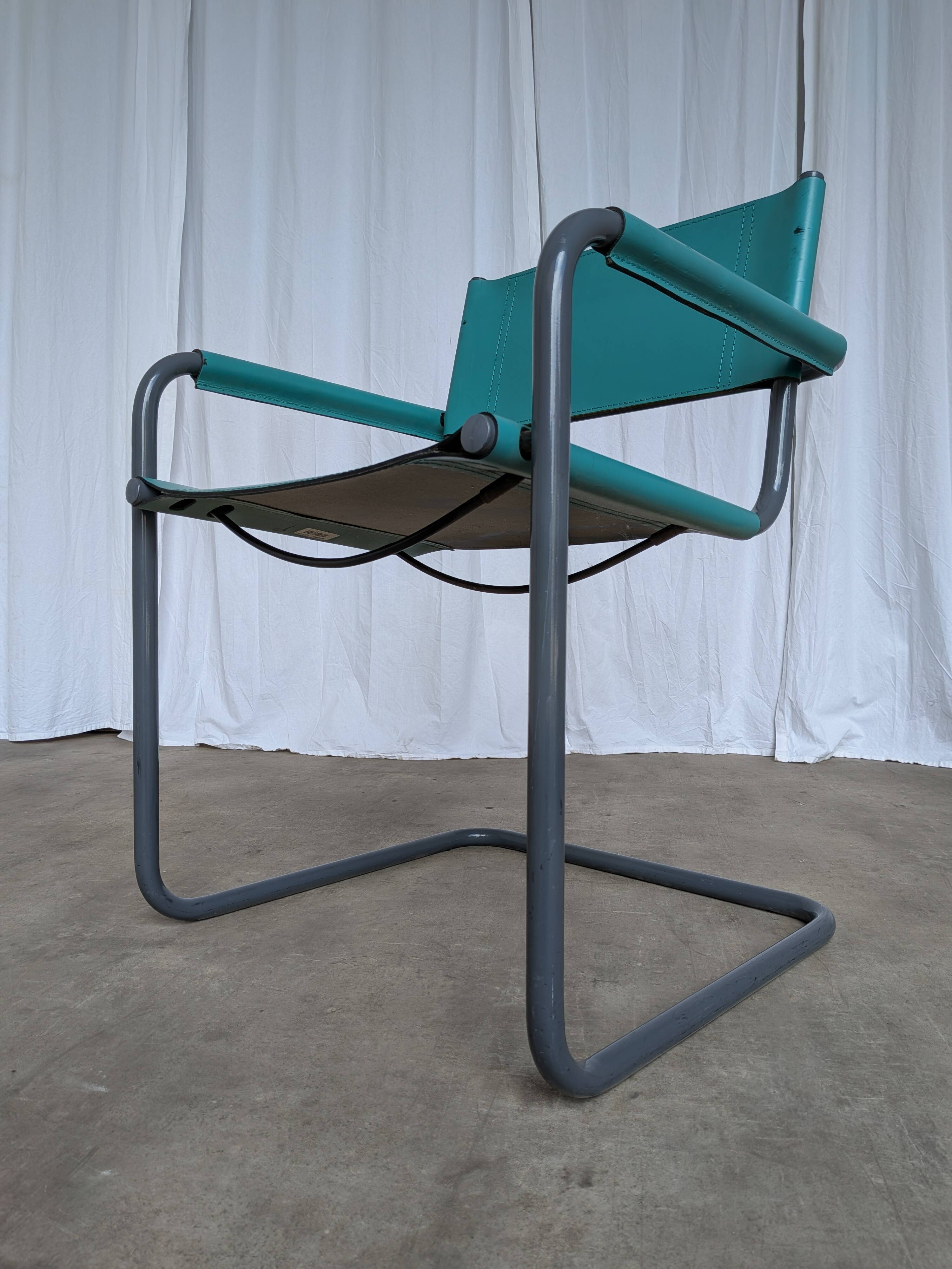 Vintage Mart Stam Style Armchair: Turquoise Leather, Black Chrome Cantileve