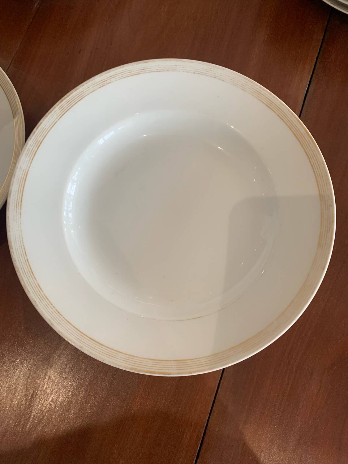 Lot of six soup plates, old, crockery, white, gilded