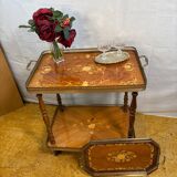 Vintage Italian Inlaid Wood Serving Trolley with Removable Tray Mid-20