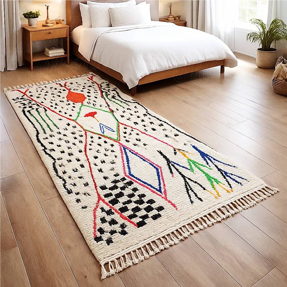 Ecru Azilal rug with colourful Berber symbols.