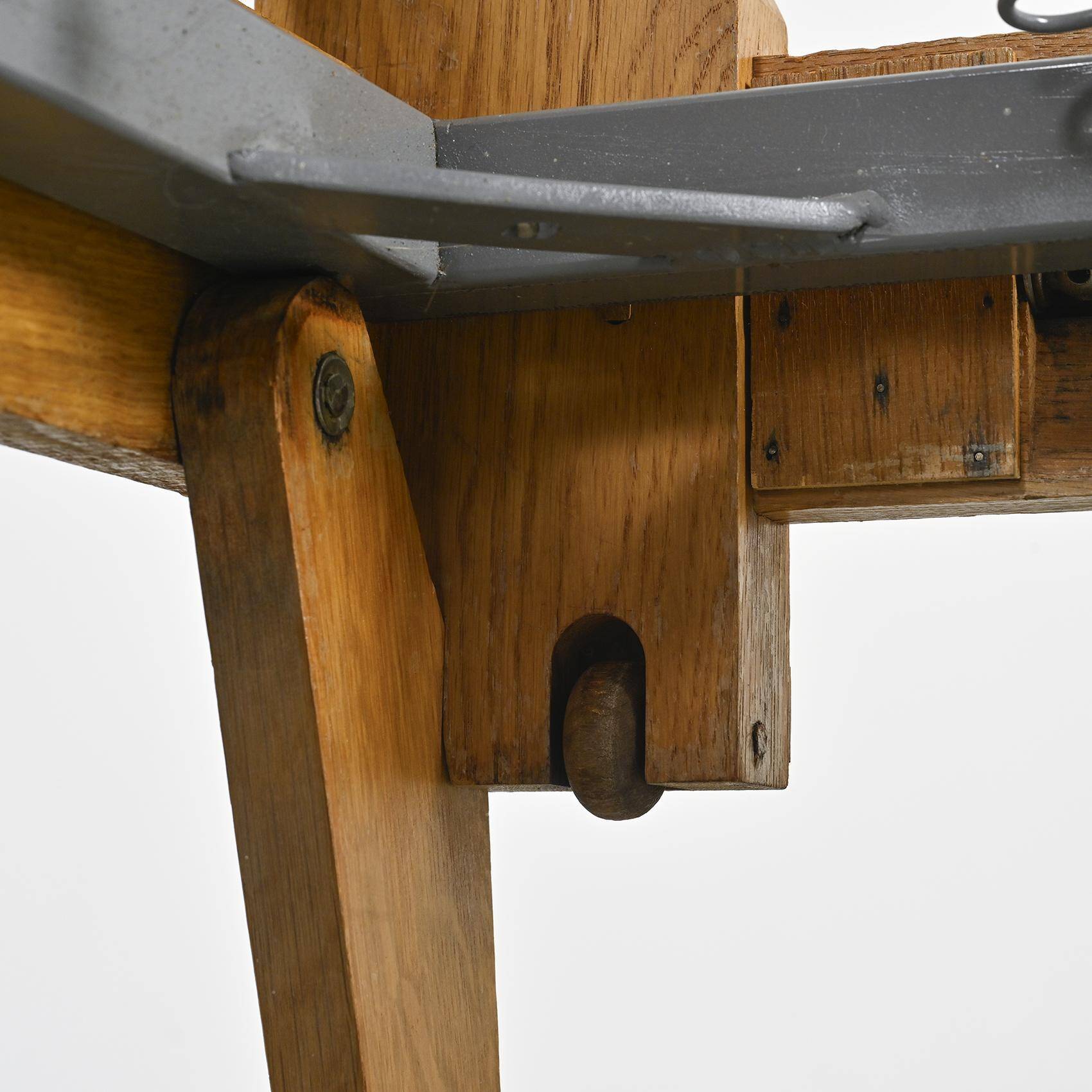 Wooden bench with midnight blue fabric, France, circa 1955