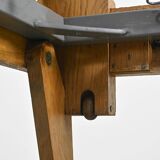 Wooden bench with midnight blue fabric, France, circa 1955