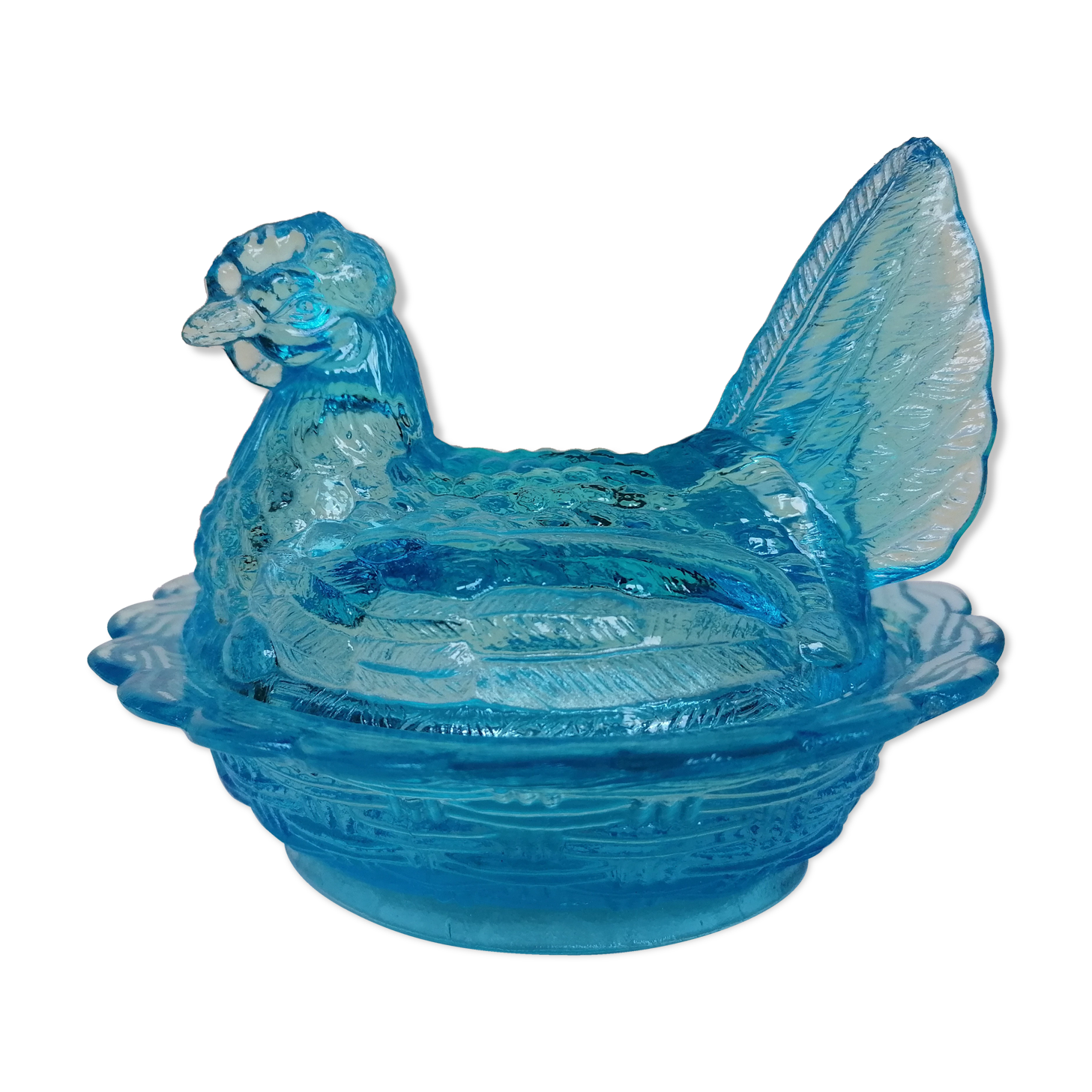 Poule en verre bleu