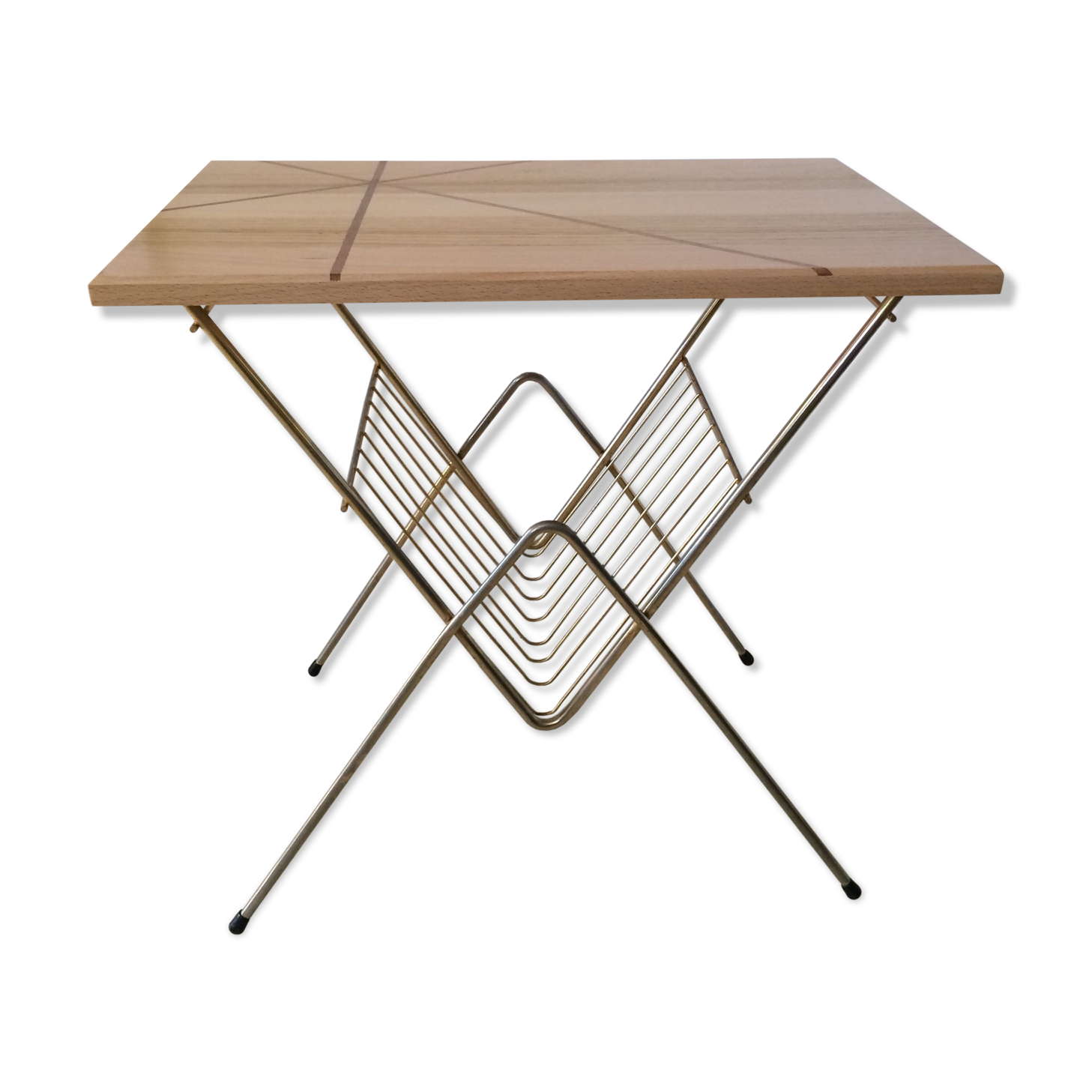 Vintage gilded metal side table with magazines/vinyl records and original wooden top