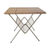Table d'appoint vintage en métal doré avec range magazines/disques vinyles et plateau bois original