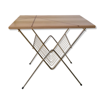 Vintage gilded metal side table with magazines/vinyl records and original wooden top