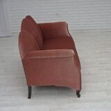 1950s, Danish 2-seater sofa, salmon pink furniture velour, oak wood legs.
