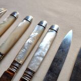 Knives and forks, XIXth, silver blades and forks, mother-of-pearl handle, minerva hallmark