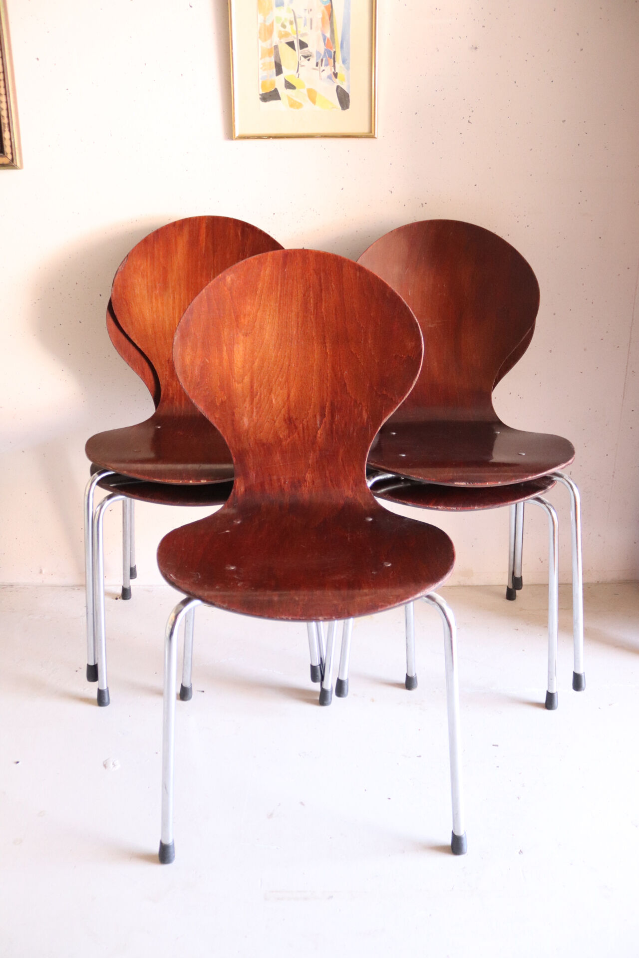 5 chaises style fourmi en contreplaqué moulé et métal chromé, esprit s