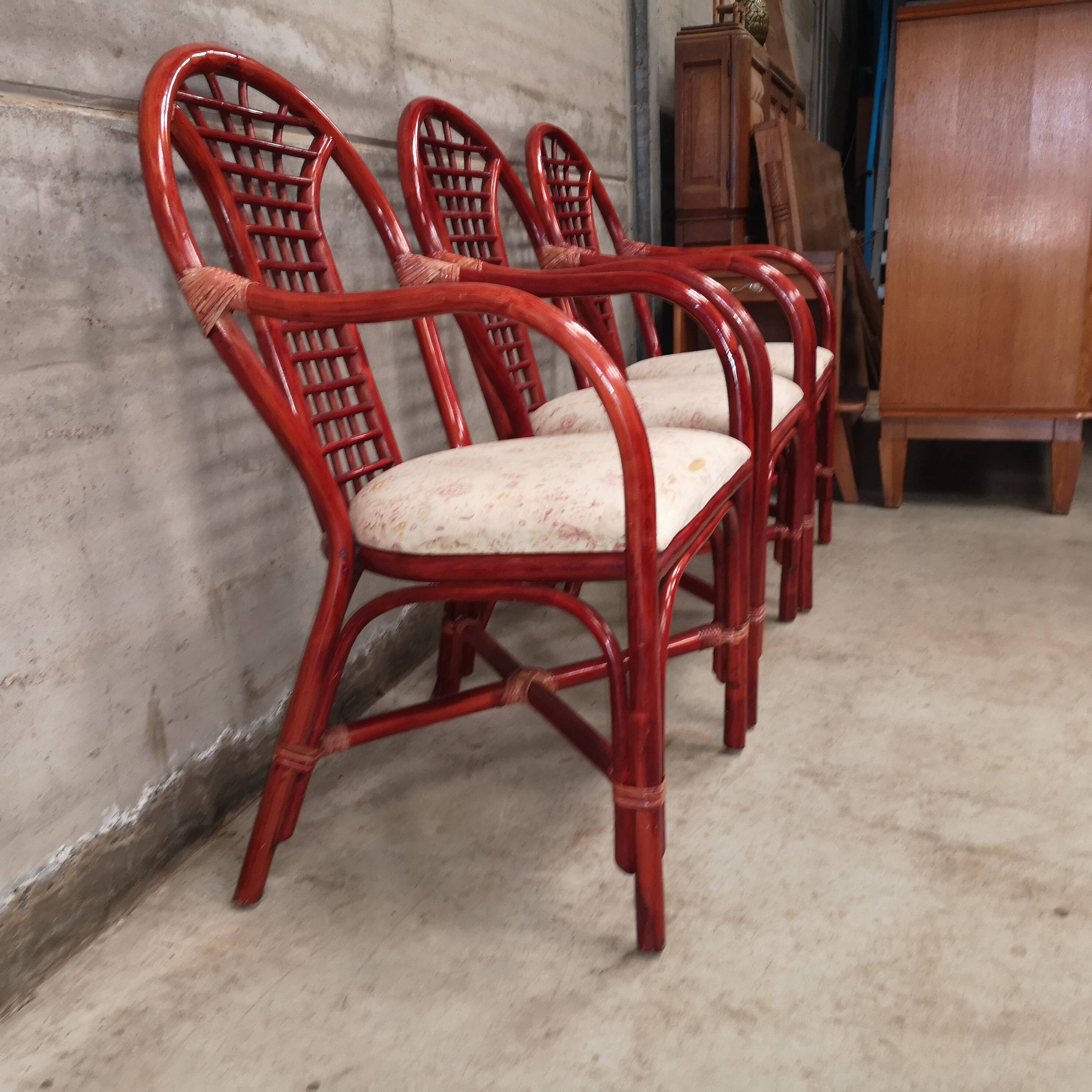3 fauteuils chaises en rotin et osier assise en tissu vintage 1970 1980