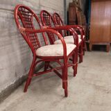 3 rattan and wicker armchairs with vintage fabric seats from 1970-1980
