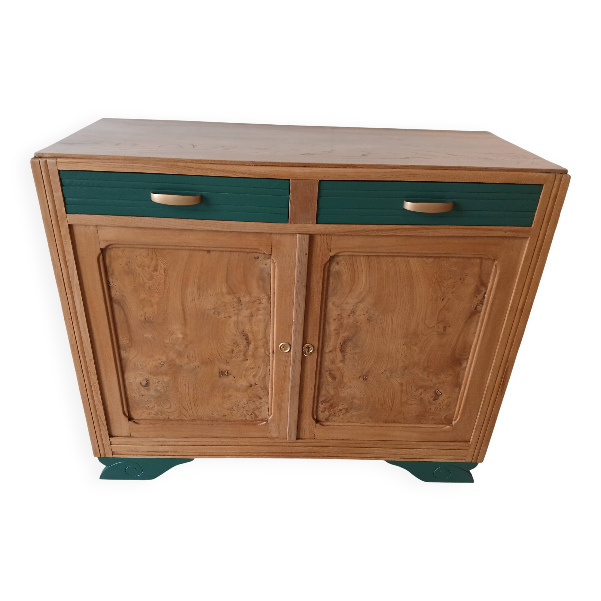 Buffet in elm burl, restyled in green and wood