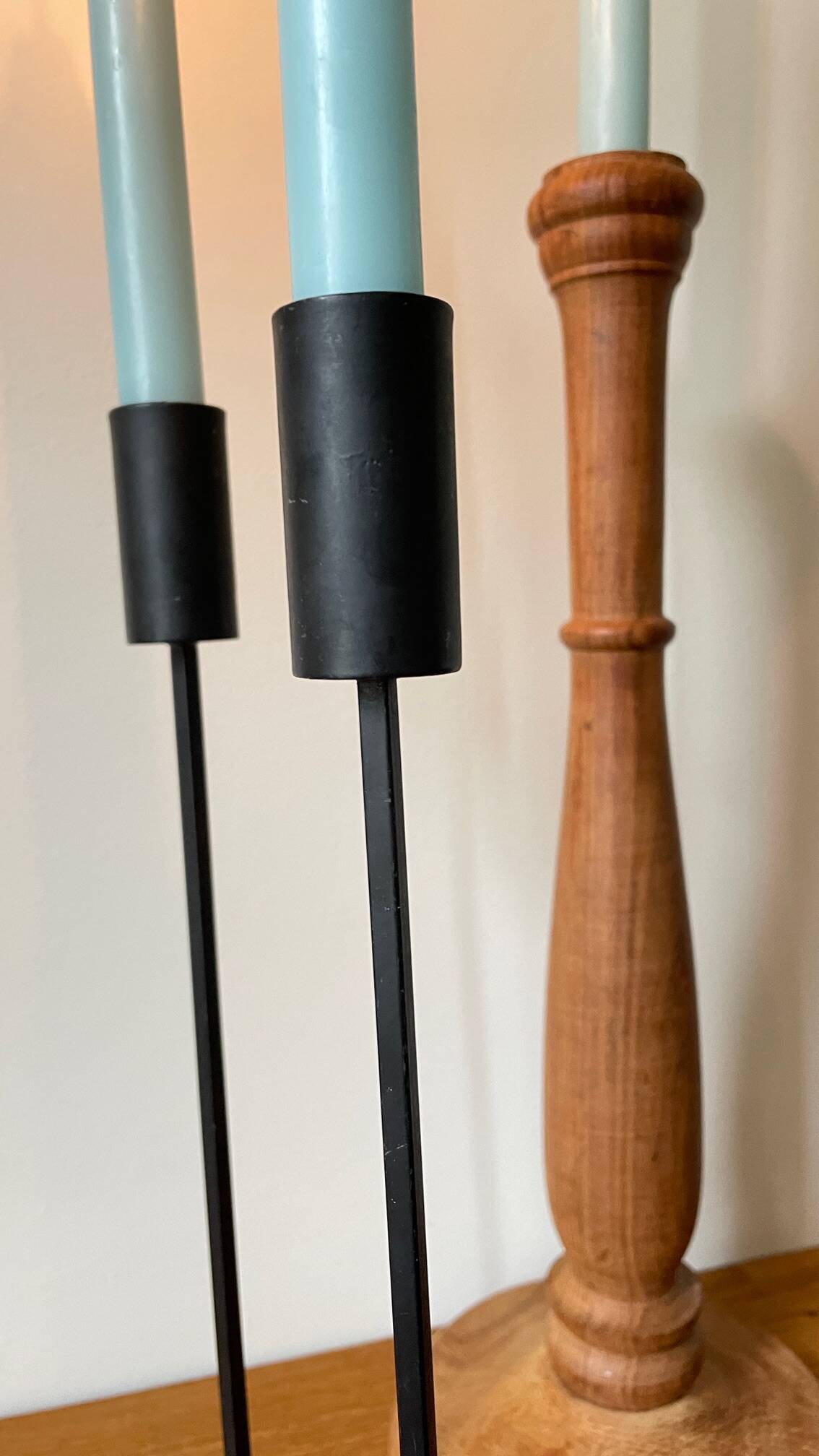 Trio of Vintage Teak and Steel Candlesticks