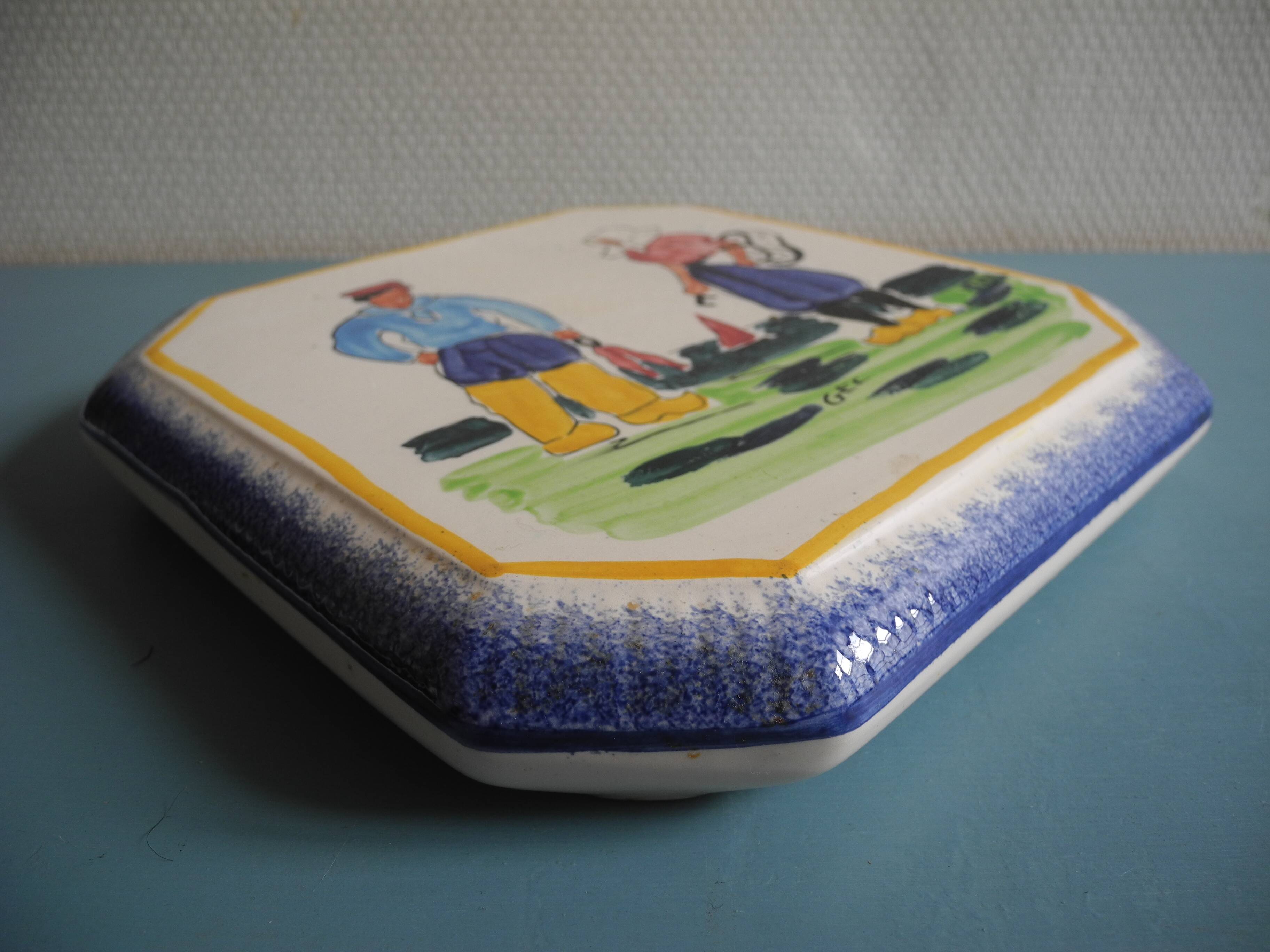 antique earthenware trivet from Pornic La Rochelle, vintage table trivet