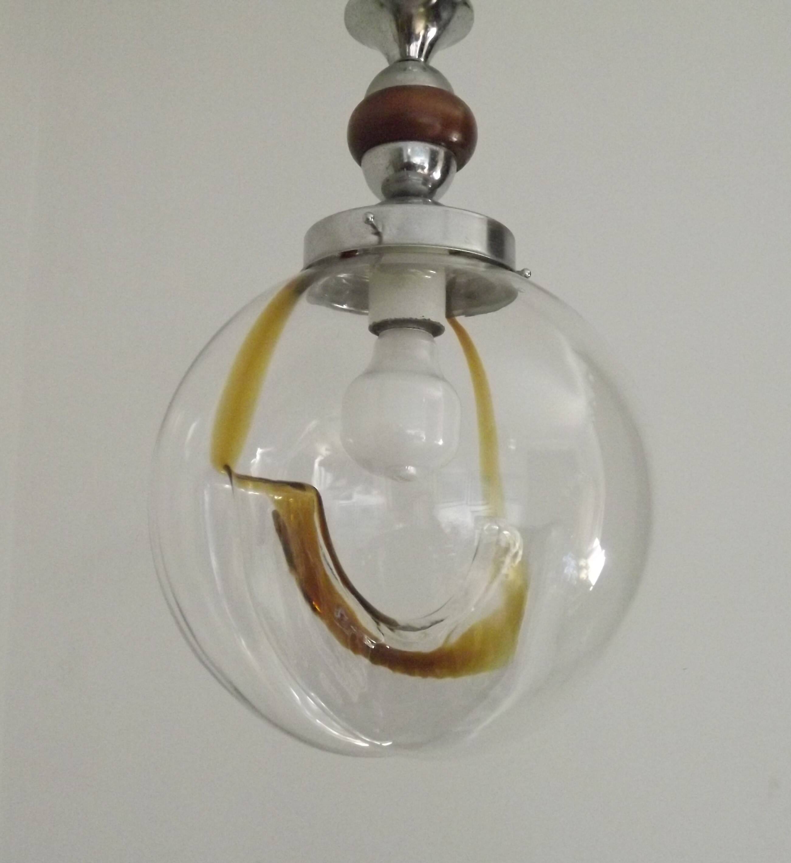 Vintage Murano Glass Globe Pendant Ceiling Light Amber Wave Mazzega Style