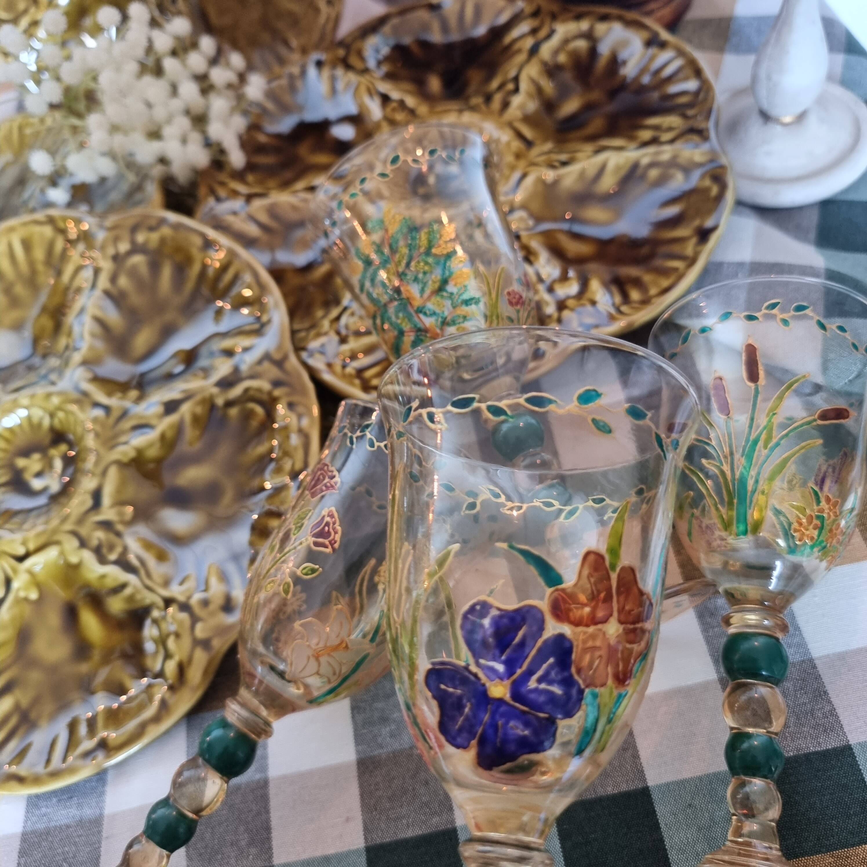 Set of 4 antique hand painted glass water or wine glasses with details inspired by the style