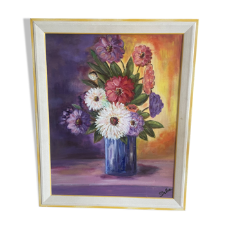 Tableau peinture à l'huile bouquet de fleurs signé Stella