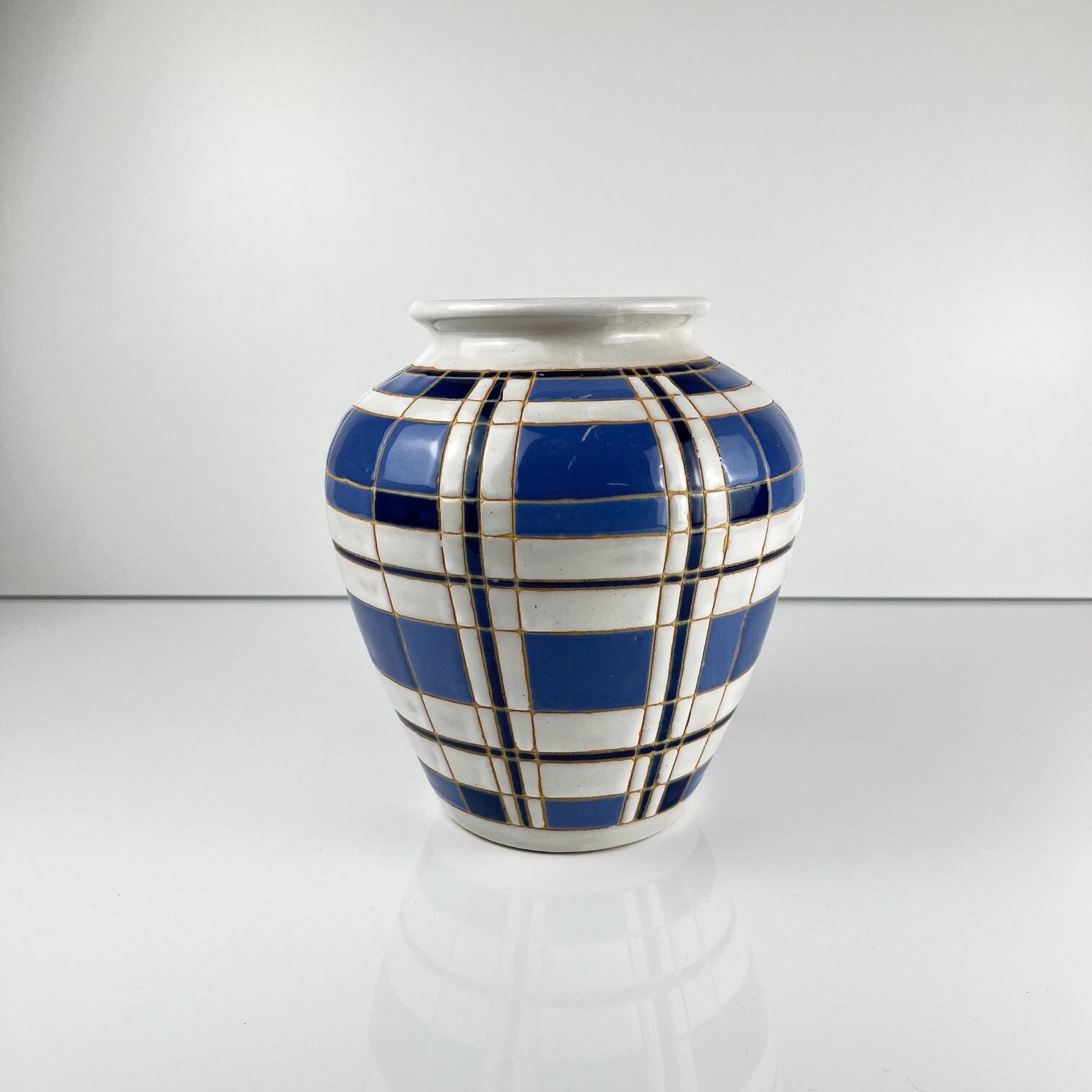 Vintage vase from the 50s, glazed earthenware, blue and white geometric decoration