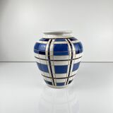 Vintage vase from the 50s, glazed earthenware, blue and white geometric decoration