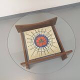 Vintage 60s-70s round coffee table with 2 shelves in glass and rosewood