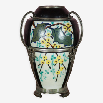 Vase ceramique avec monture argenté vase signé d'Argyl, vase Art nouveau, art déco, collection