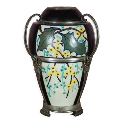 Vase ceramique avec monture argenté vase signé d'Argyl, vase Art nouveau, art déco, collection