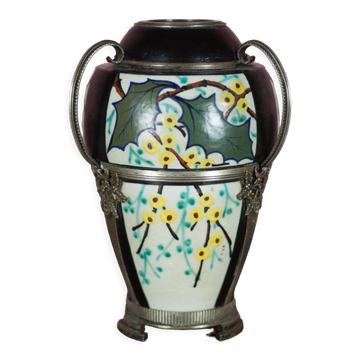 Vase ceramique avec monture argenté vase signé d'Argyl, vase Art nouveau, art déco, collection