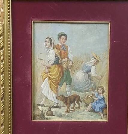 Antique 19th century wood panel, signed oil painting, popular scene