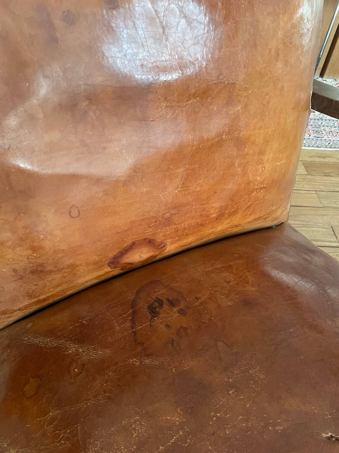Vintage leather club chair with wooden armrests
