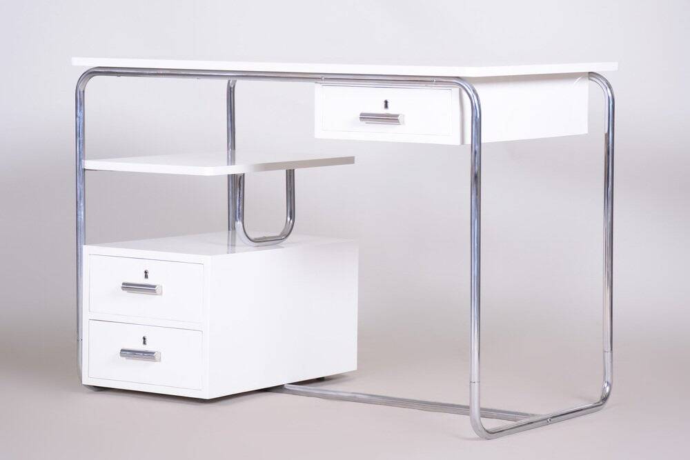 Bauhaus Desk in Chrome-Plated Steel and White Lacquered Wood, Germany, 1930s